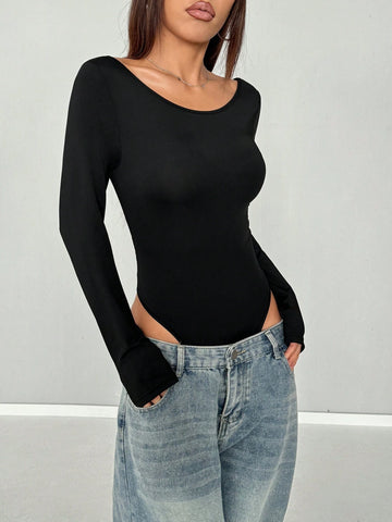 Women's Solid Color Black Long Sleeve Bodysuit, Slim Fit, Sexy, Boss Lady Style, Versatile Backless Twist Knot Round Neck For Work And Casual