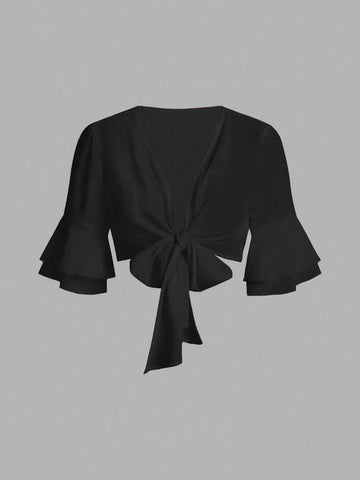 Women's Solid Color Front-Tie Long Sleeve Cropped Top, Casual For Everyday Wear