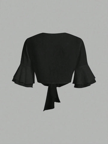 Women's Solid Color Front-Tie Long Sleeve Cropped Top, Casual For Everyday Wear
