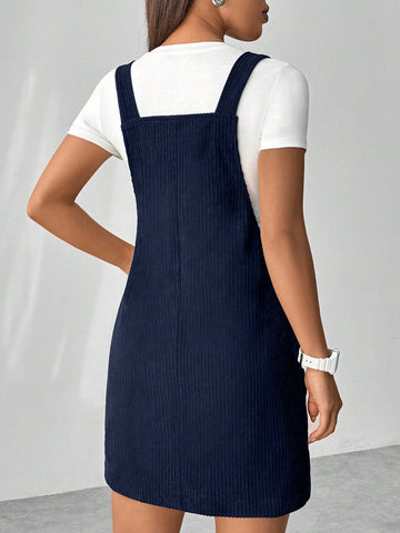 Women's Solid Color Pocket Casual Corduroy Jumper Dress