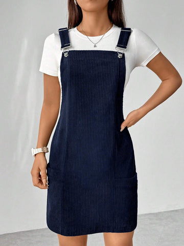 Women's Solid Color Pocket Casual Corduroy Jumper Dress