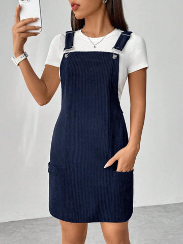 Women's Solid Color Pocket Casual Corduroy Jumper Dress