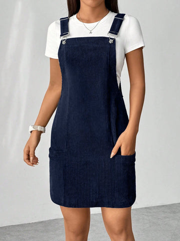 Women's Solid Color Pocket Casual Corduroy Jumper Dress