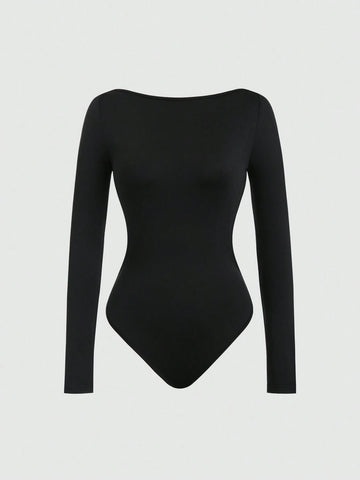 Women's Solid Color Scoop Neck Backless Bodysuit, Long Sleeve