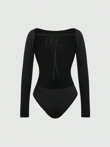 Women's Solid Color Scoop Neck Backless Bodysuit, Long Sleeve