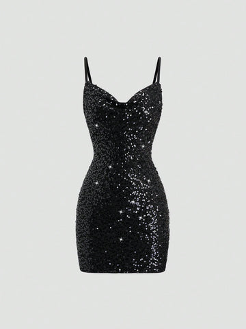 Women's Solid Color Sequin Plunging Neckline Fancy Cami Mini Dress