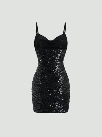 Women's Solid Color Sequin Plunging Neckline Fancy Cami Mini Dress