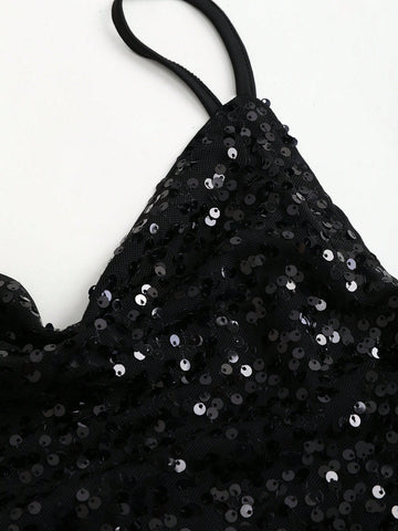 Women's Solid Color Sequin Plunging Neckline Fancy Cami Mini Dress