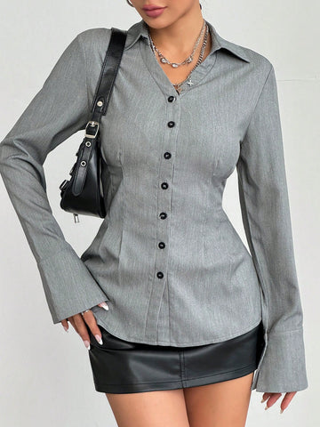 Women's Solid Color Shirred Slim Fit Blouse, Minimalist & Fashionable For Casual Daily Wear