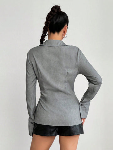 Women's Solid Color Shirred Slim Fit Blouse, Minimalist & Fashionable For Casual Daily Wear