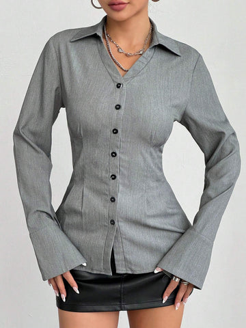 Women's Solid Color Shirred Slim Fit Blouse, Minimalist & Fashionable For Casual Daily Wear