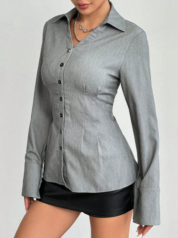Women's Solid Color Shirred Slim Fit Blouse, Minimalist & Fashionable For Casual Daily Wear
