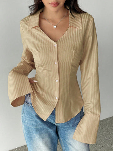 Women's Striped Flare Sleeve Single-Breasted Casual Shirt,