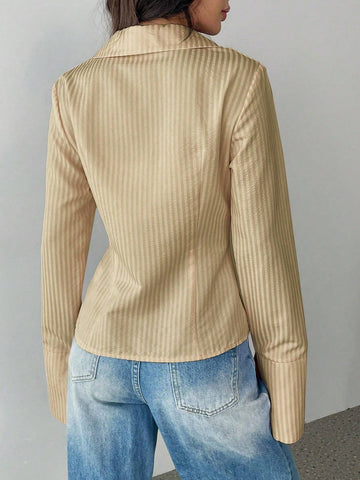 Women's Striped Flare Sleeve Single-Breasted Casual Shirt,