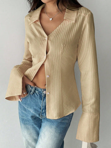 Women's Striped Flare Sleeve Single-Breasted Casual Shirt,