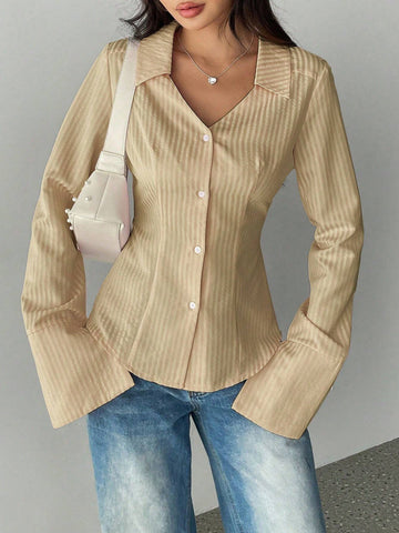 Women's Striped Flare Sleeve Single-Breasted Casual Shirt,