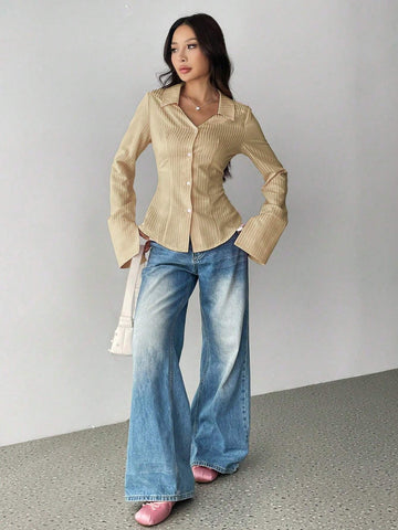 Women's Striped Flare Sleeve Single-Breasted Casual Shirt,