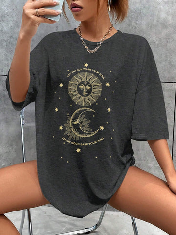 Women's Sun & Moon Printed Short Sleeve T-Shirt Graphic Tees Women Tops