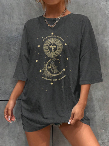 Women's Sun & Moon Printed Short Sleeve T-Shirt Graphic Tees Women Tops