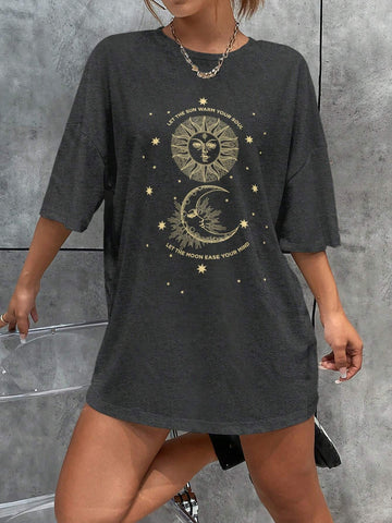 Women's Sun & Moon Printed Short Sleeve T-Shirt Graphic Tees Women Tops