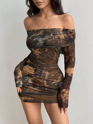 Women's Vintage Mesh All Over Print Ruched Off-Shoulder Dress