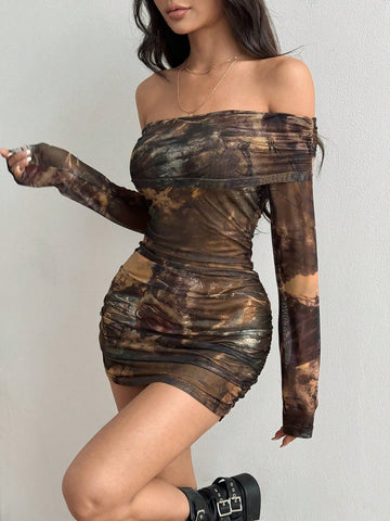 Women's Vintage Mesh All Over Print Ruched Off-Shoulder Dress