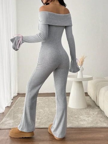 Y2K Sexy Off Shoulder Flare Cuff Jumpsuit, Warm