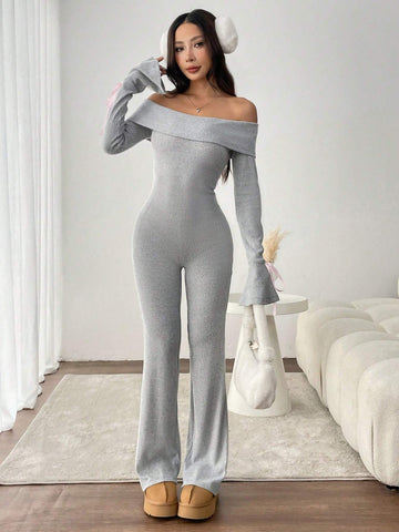 Y2K Sexy Off Shoulder Flare Cuff Jumpsuit, Warm