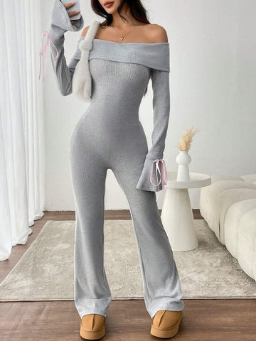 Y2K Sexy Off Shoulder Flare Cuff Jumpsuit, Warm