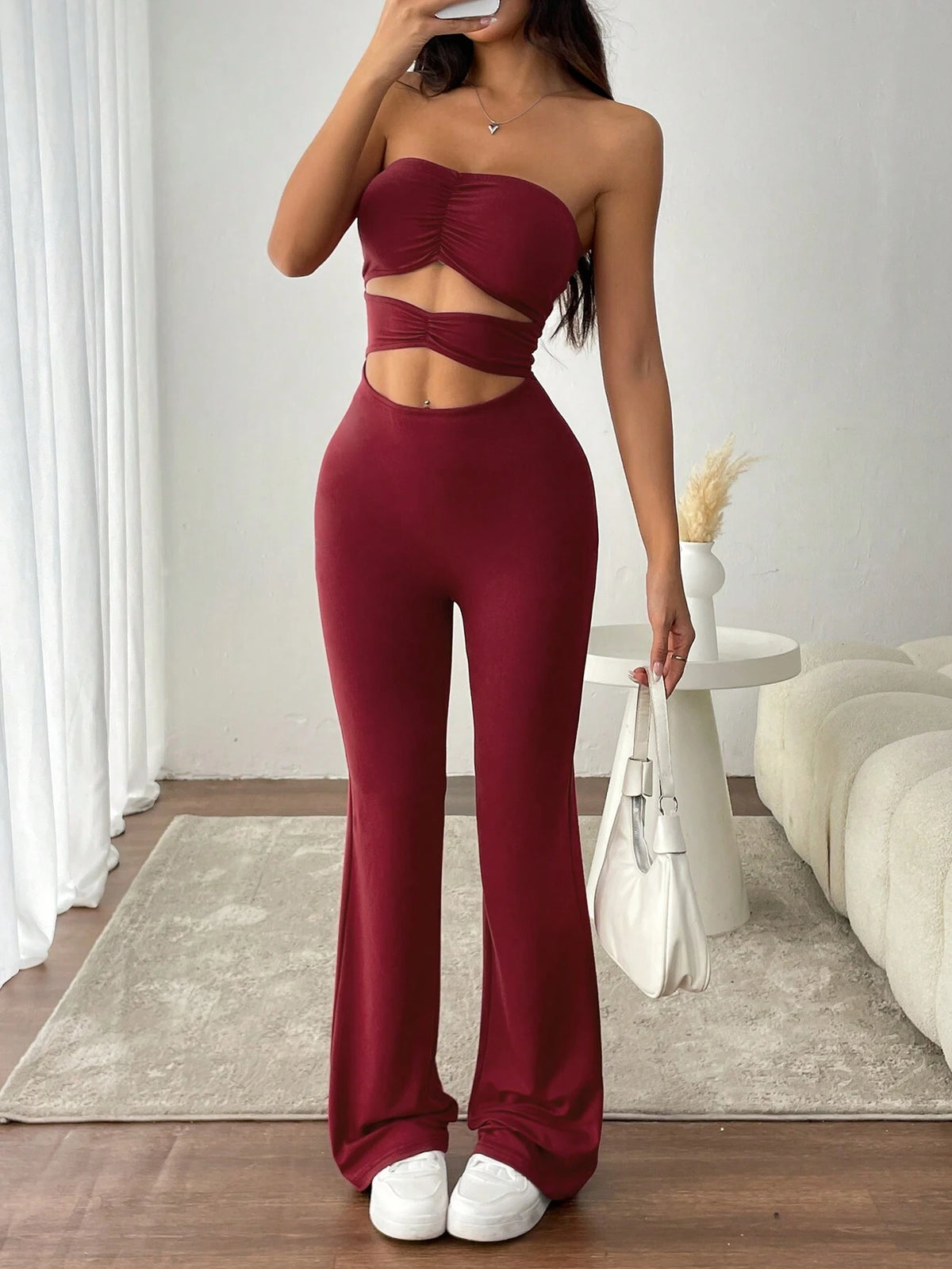 Women's Solid Color Pleat Bustier Y2K Sexy Hollow Out Casual Jumpsuit