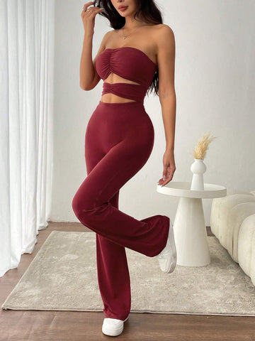 Women's Solid Color Pleat Bustier Y2K Sexy Hollow Out Casual Jumpsuit