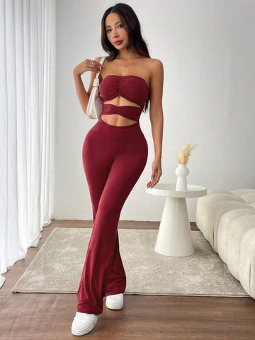 Women's Solid Color Pleat Bustier Y2K Sexy Hollow Out Casual Jumpsuit