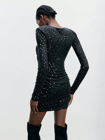 1pc Women Black Mesh Rhinestone Decor Mini Dress