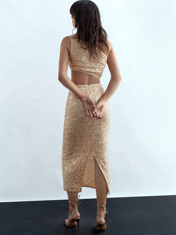 2pcs Elegant Women Solid Color Sequin Sleeveless Crop Top And Long Maxi Skirt Set