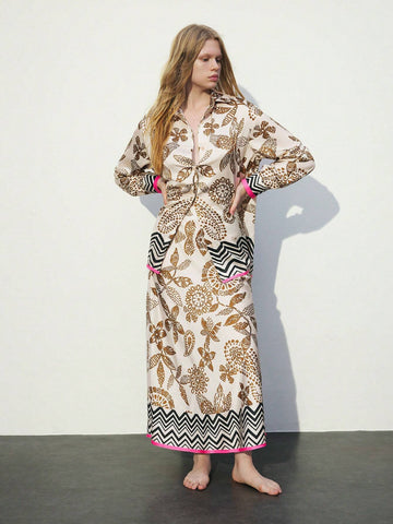 2pcs Women Casual Plant Print Blouse And Skirt Set, Autumn