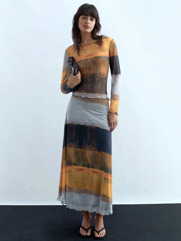 2pcs Women's Autumn Tie-Dye Print Crew Neck Long Sleeve Top And Skirt Set