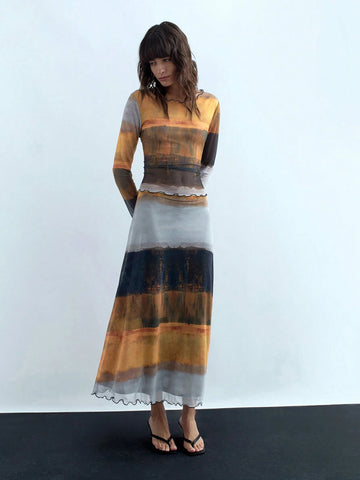 2pcs Women's Autumn Tie-Dye Print Crew Neck Long Sleeve Top And Skirt Set