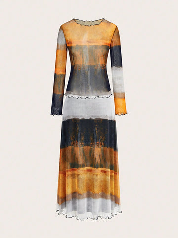 2pcs Women's Autumn Tie-Dye Print Crew Neck Long Sleeve Top And Skirt Set