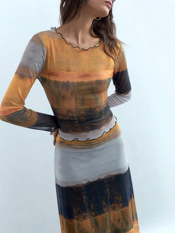 2pcs Women's Autumn Tie-Dye Print Crew Neck Long Sleeve Top And Skirt Set