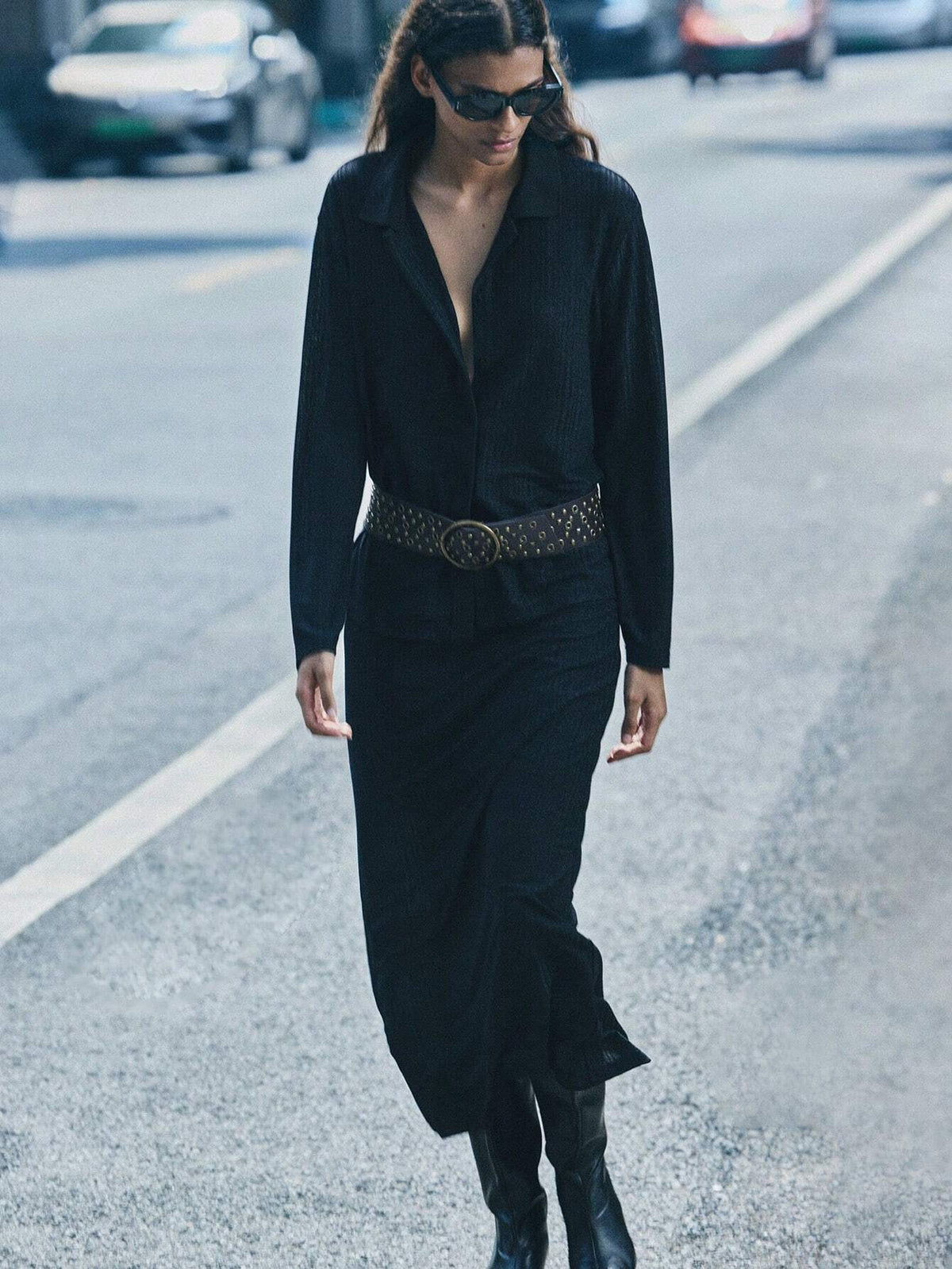 2pcs Women's Casual Black Solid Long Sleeve Single-Breasted Shirt And Long Midi Skirt Set, Autumn