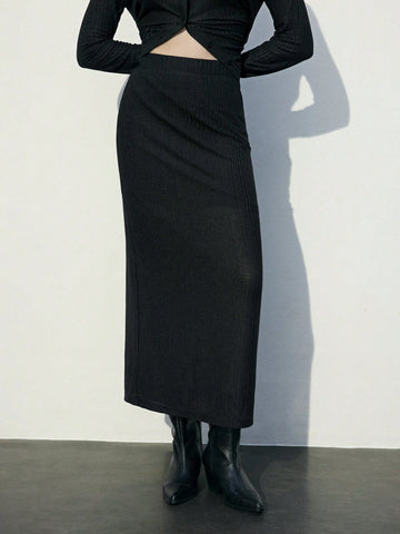 2pcs Women's Casual Black Solid Long Sleeve Single-Breasted Shirt And Long Midi Skirt Set, Autumn