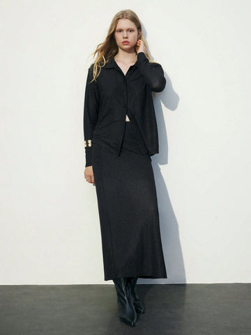 2pcs Women's Casual Black Solid Long Sleeve Single-Breasted Shirt And Long Midi Skirt Set, Autumn