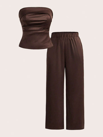 2pcs Women's Solid Brown Ruched Bandeau Top And Straight Leg Pants Casual Set