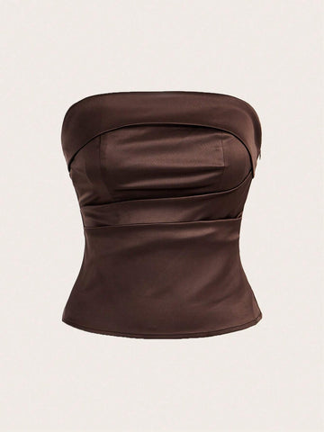 2pcs Women's Solid Brown Ruched Bandeau Top And Straight Leg Pants Casual Set