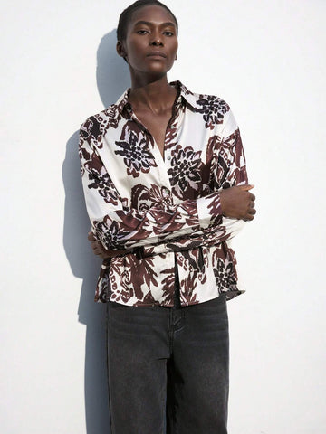 Maija Abstract Floral Modern Urban Elegant Decorative Impression Floral Long Sleeve Baggy Shirts