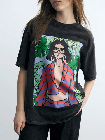 Maija Black Tropical Plant & Figure Printed Round Neck Short Sleeve Casual T-Shirt For Women, Summer