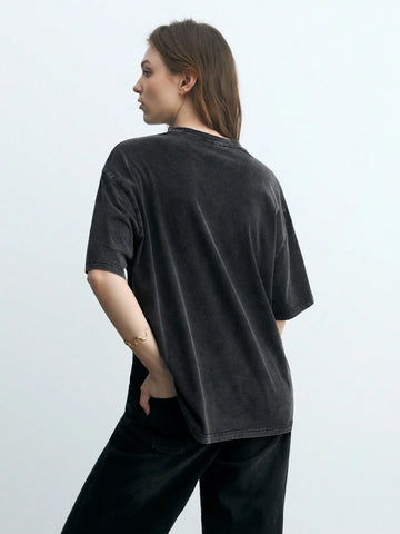 Maija Black Tropical Plant & Figure Printed Round Neck Short Sleeve Casual T-Shirt For Women, Summer