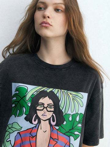 Maija Black Tropical Plant & Figure Printed Round Neck Short Sleeve Casual T-Shirt For Women, Summer