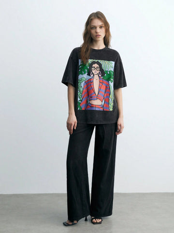 Maija Black Tropical Plant & Figure Printed Round Neck Short Sleeve Casual T-Shirt For Women, Summer