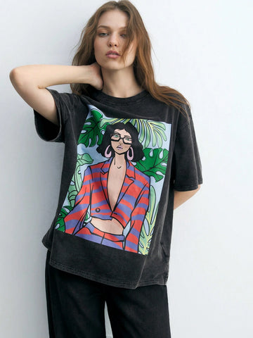 Maija Black Tropical Plant & Figure Printed Round Neck Short Sleeve Casual T-Shirt For Women, Summer